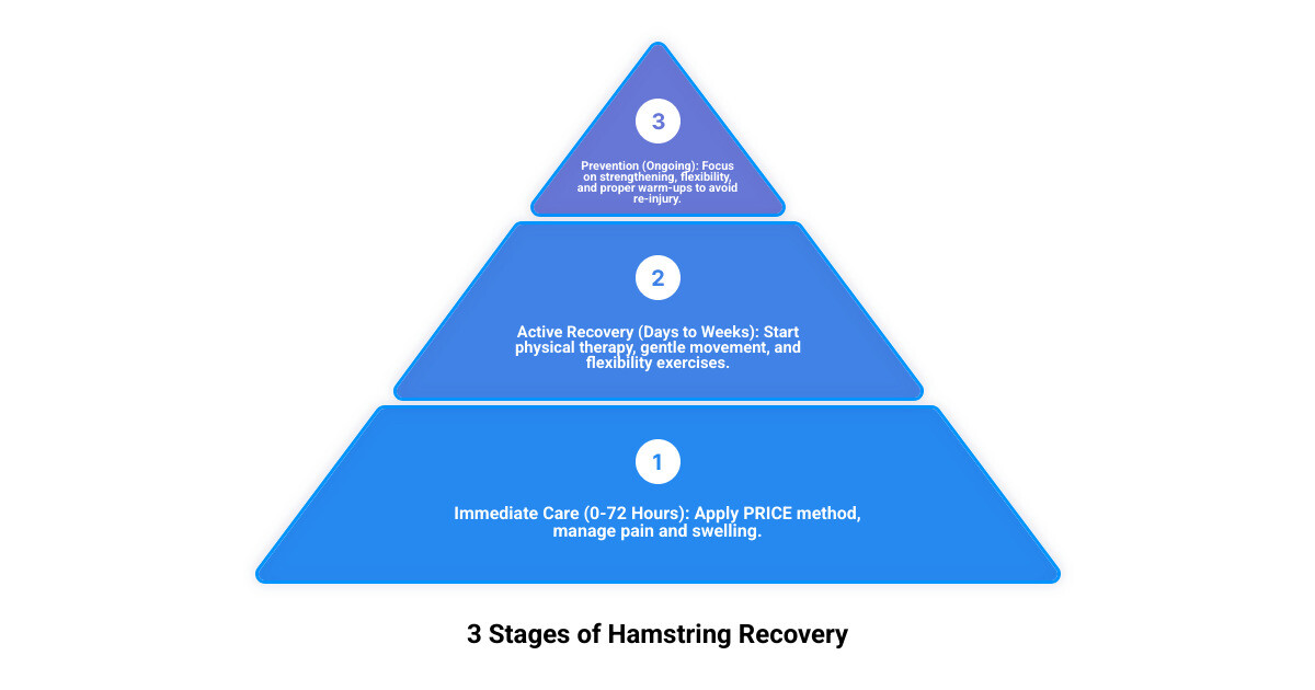 Infographic showing the three stages of hamstring injury recovery: Immediate Care (0-72 hours) with RICE method, Active Recovery (days to weeks) with physical therapy and gentle movement, and Prevention (ongoing) with strengthening exercises and proper warm-ups - healing a pulled hamstring infographic 3_stage_pyramid