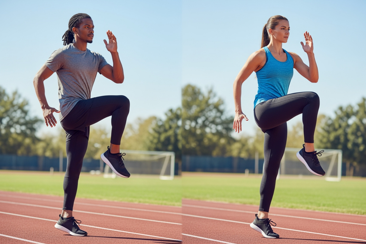 An athlete performing dynamic stretches like leg swings before exercise, demonstrating proper warm-up techniques to prevent injury. - cause of hamstring strain An athlete performing dynamic stretches like leg swings before exercise, demonstrating proper warm-up techniques to prevent injury. - cause of hamstring strain