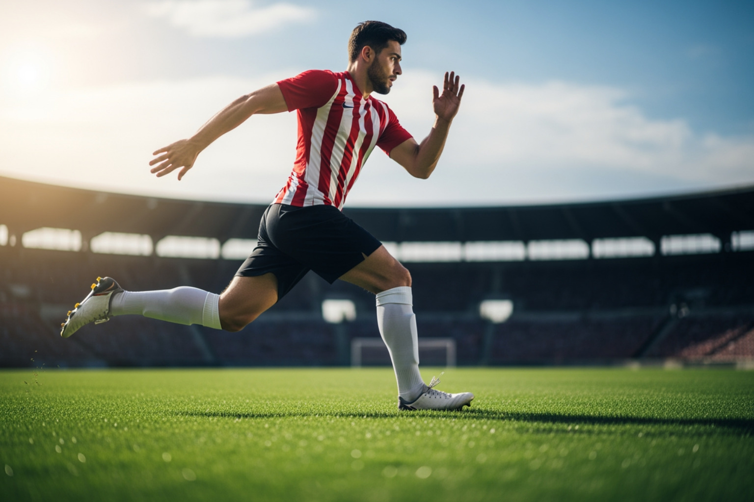 A soccer player in mid-sprint on a green field, highlighting the dynamic movement that can lead to hamstring strains. - cause of hamstring strain A soccer player in mid-sprint on a green field, highlighting the dynamic movement that can lead to hamstring strains. - cause of hamstring strain