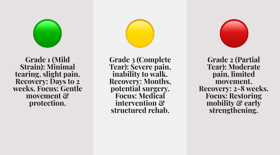 infographic showing three phases of hamstring tear recovery with grade classifications, symptoms for each grade, safe exercises for each phase, and typical recovery timeline from 1 week to 3 months - exercises for hamstring tear infographic 3_facts_emoji_grey