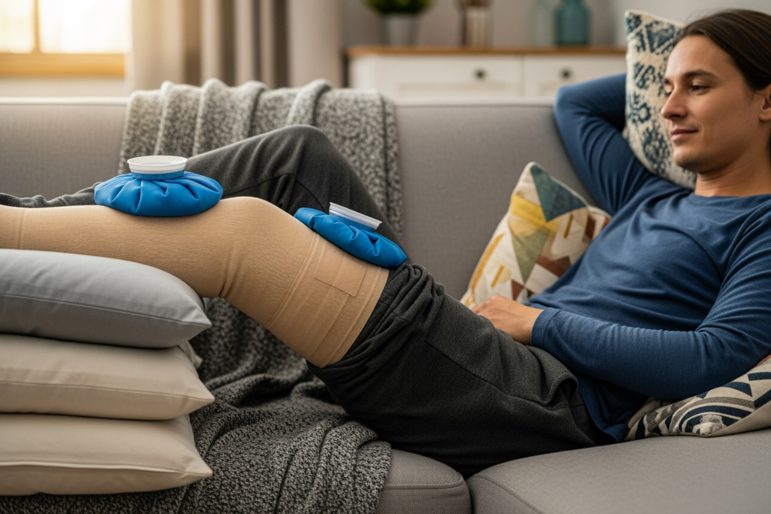 Image demonstrating the R.I.C.E. method with a person resting with their leg elevated, applying an ice pack, and wearing a compression bandage - recover pulled hamstring Image demonstrating the R.I.C.E. method with a person resting with their leg elevated, applying an ice pack, and wearing a compression bandage - recover pulled hamstring