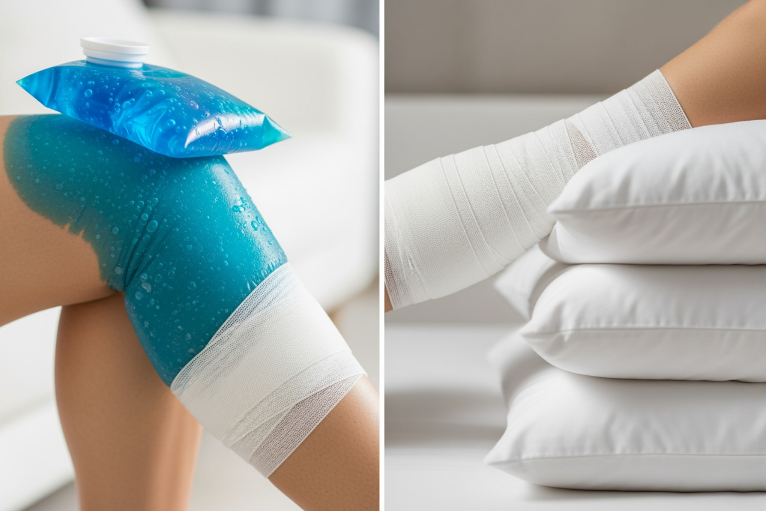 R.I.C.E. method components: ice pack, compression bandage, and leg lifted on pillows - strained hamstring care