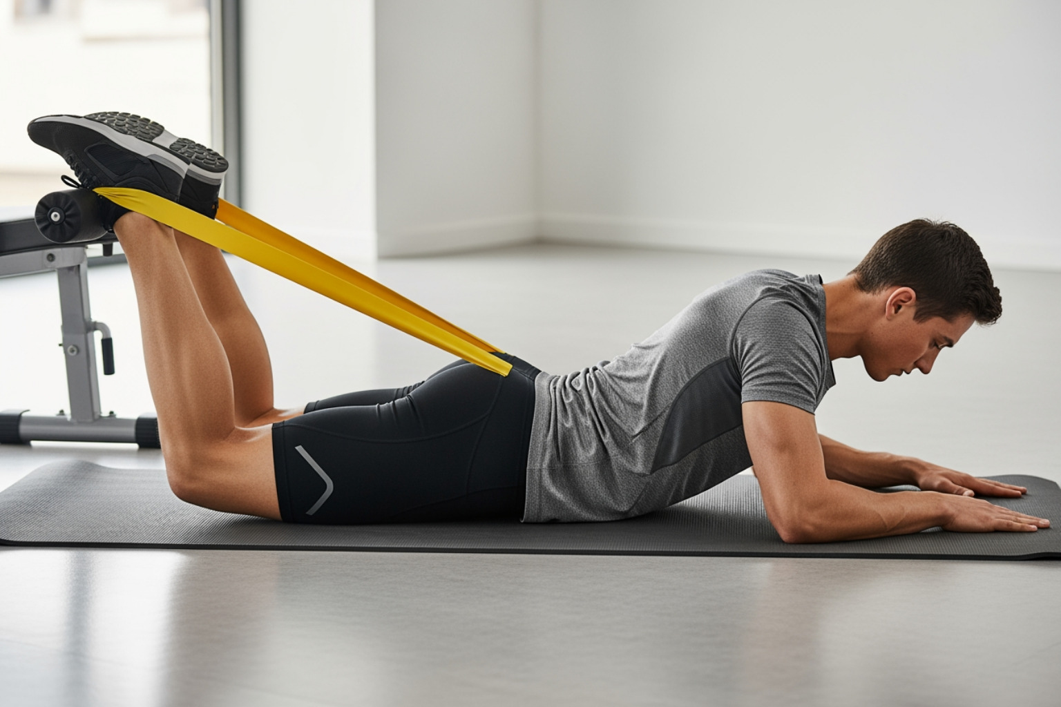 Image of a person performing a hamstring curl exercise with a resistance band - recover pulled hamstring Image of a person performing a hamstring curl exercise with a resistance band - recover pulled hamstring