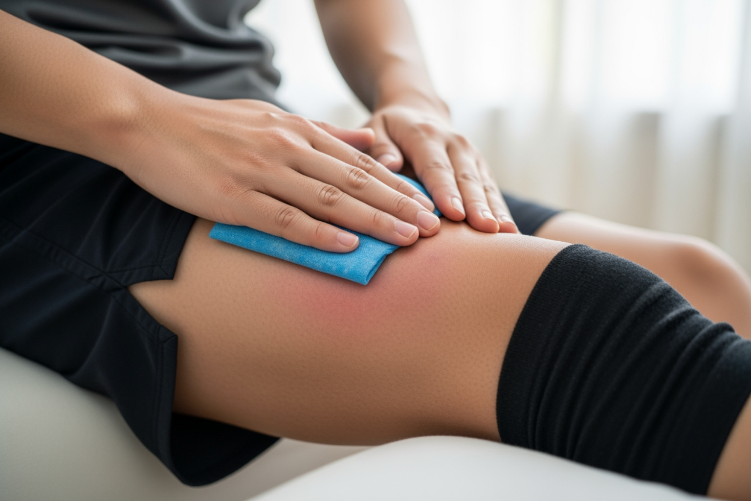 Person resting with leg elevated and ice pack on hamstring - healing a pulled hamstring