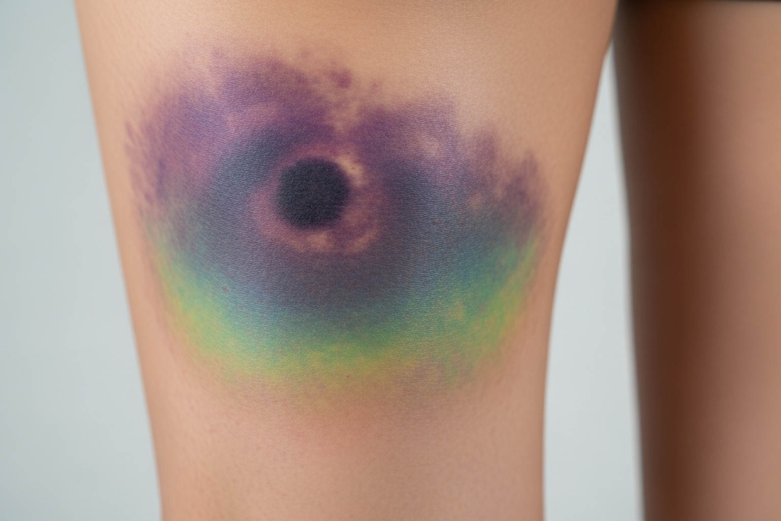 significant bruising down the back of a leg from a severe hamstring tear - ripped hamstring muscle