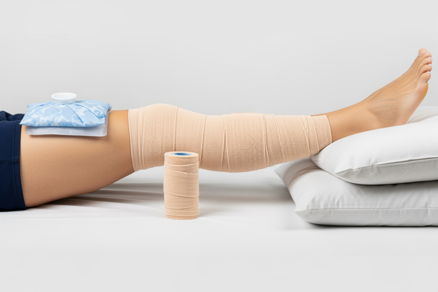 RICE method components ice pack compression wrap liftd leg - ripped hamstring muscle