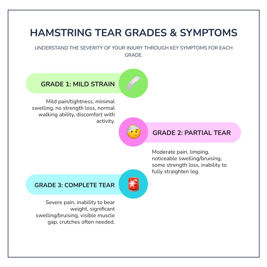 Infographic showing the three grades of hamstring tears with corresponding symptoms: Grade 1 (mild strain with minimal pain and swelling, normal walking ability), Grade 2 (partial tear with moderate pain, limping, visible swelling and bruising, some strength loss), and Grade 3 (complete tear with severe pain, inability to walk, significant bruising, visible muscle gap) - symptoms of a torn hamstring infographic infographic-line-3-steps-colors