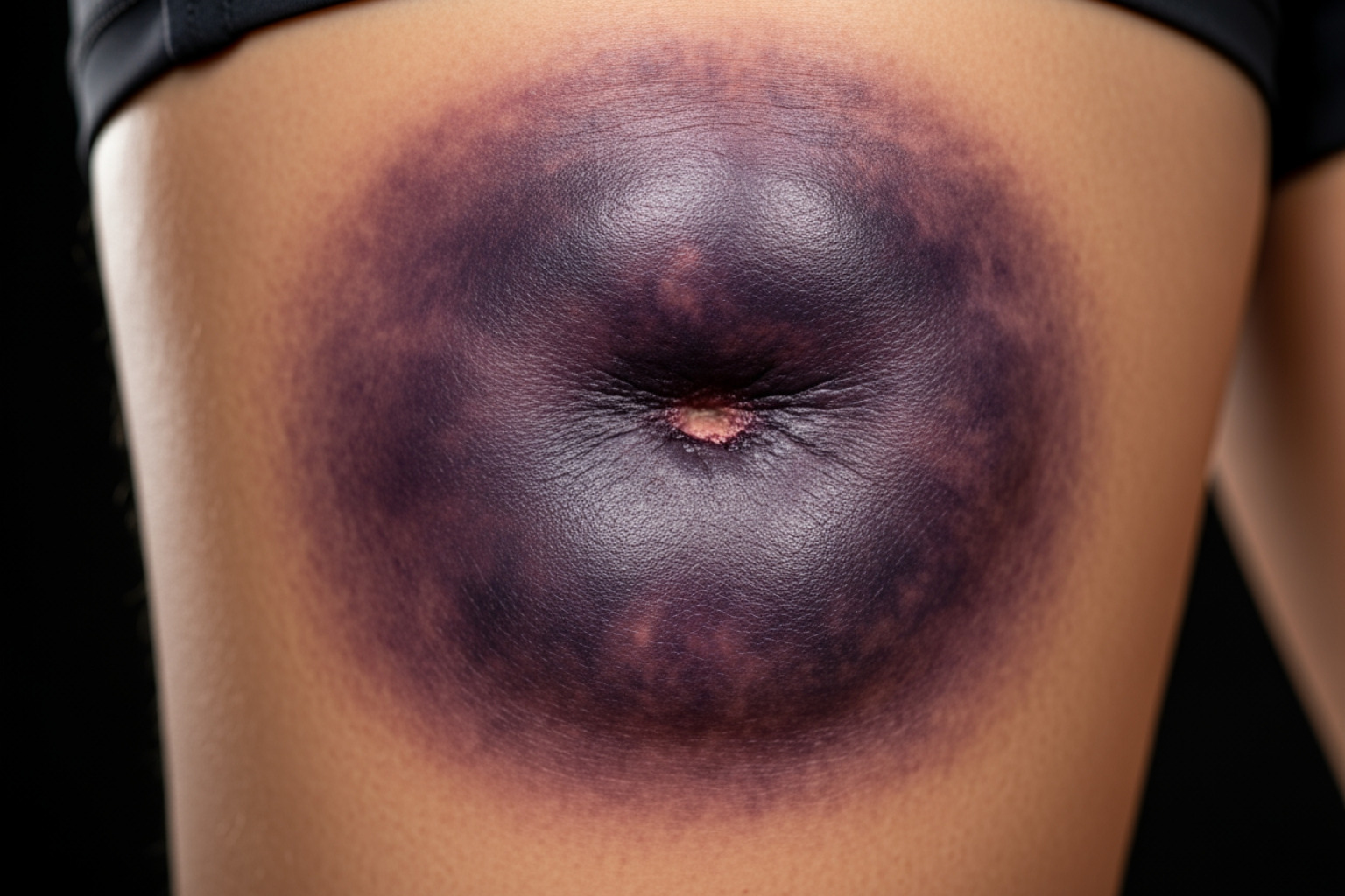 Image showing significant bruising and swelling on the back of a thigh, indicative of a Grade 3 hamstring tear. - symptoms of a torn hamstring