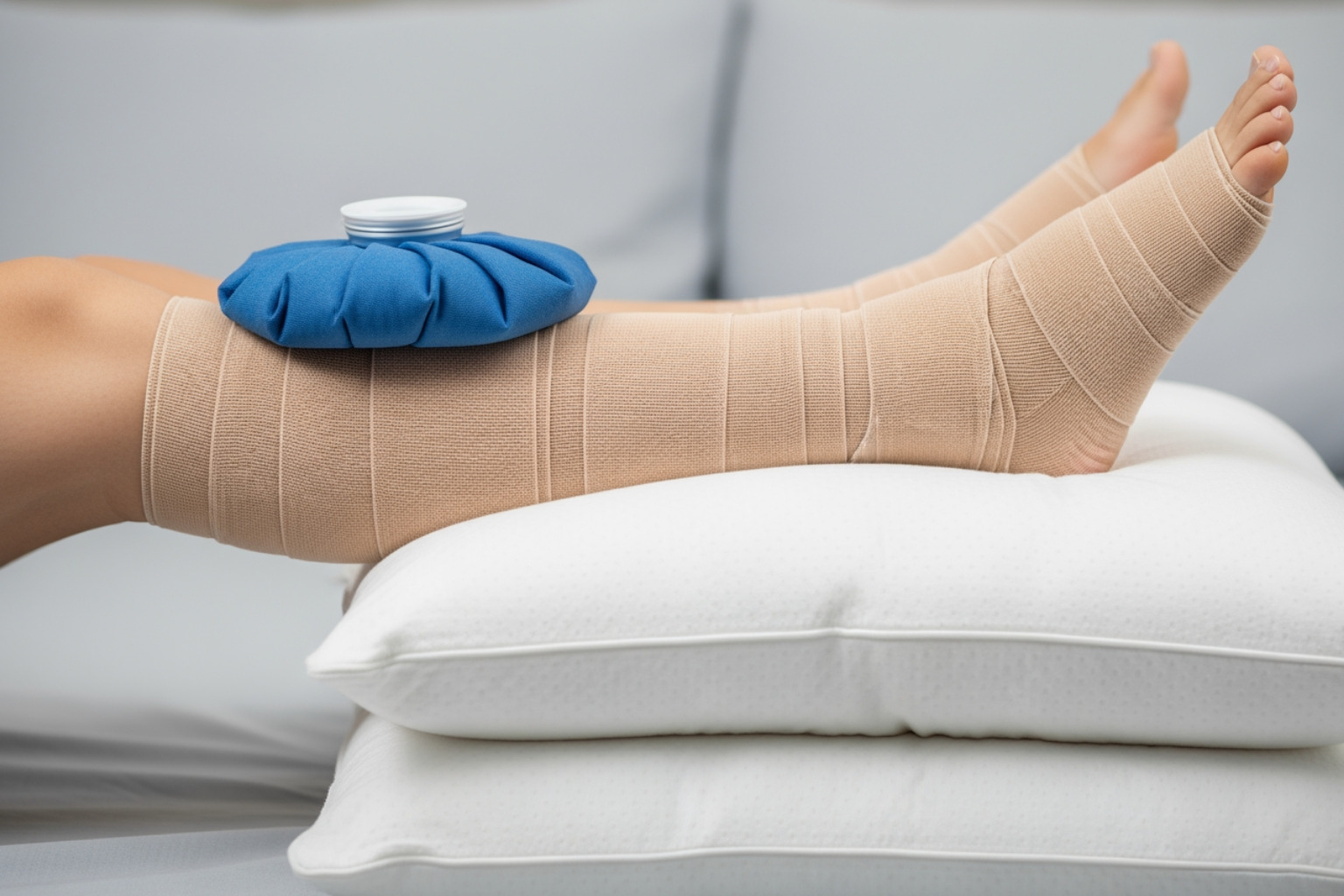 Components of the PRICE method: an ice pack, a compression bandage, and a leg lifted on pillows - calf muscle pain