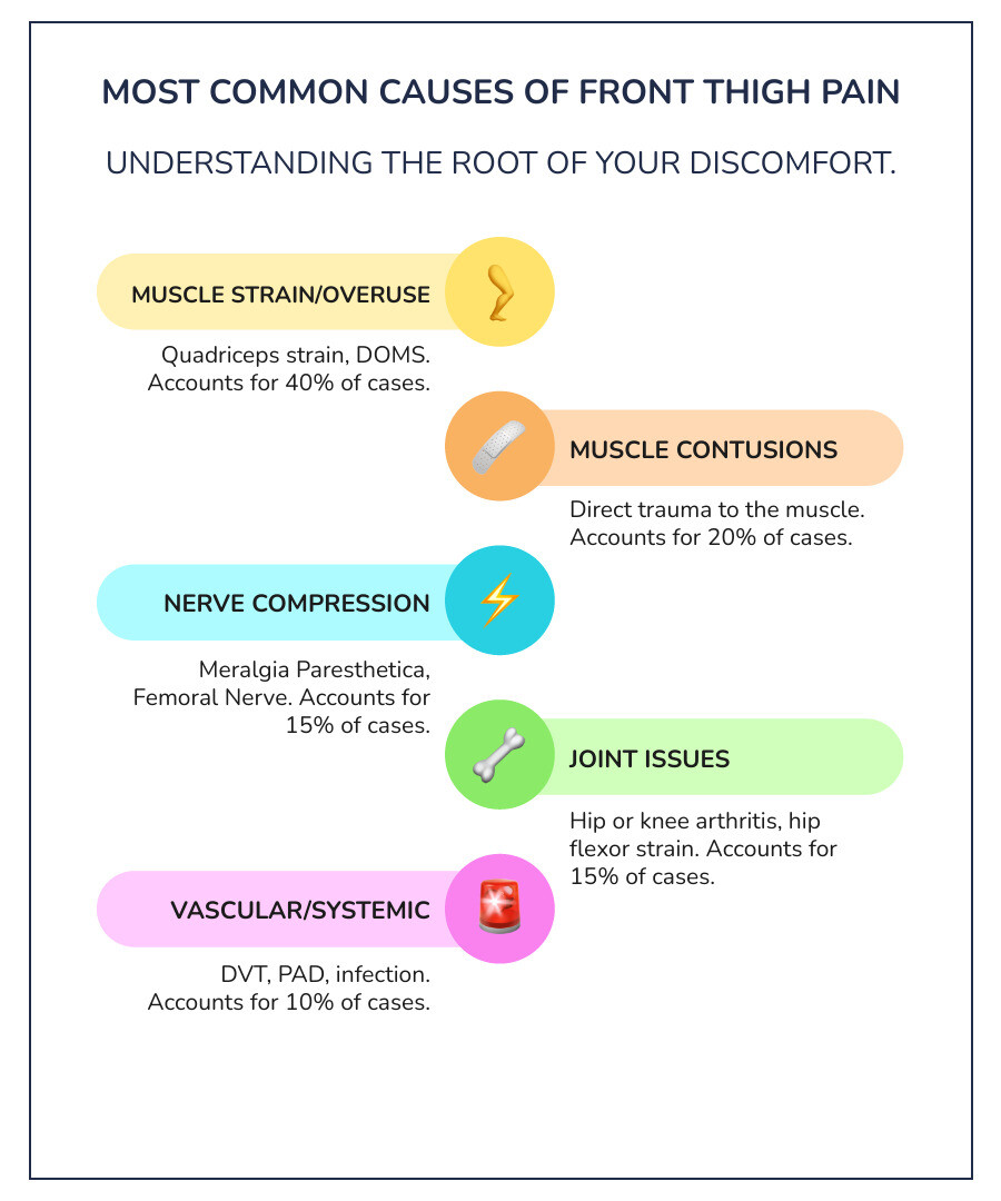 Infographic showing the most common causes of front thigh muscle pain: 1) Muscle Strain/Overuse (quadriceps strain, DOMS) - 40%, 2) Muscle Contusions and Direct Trauma - 20%, 3) Nerve Compression (meralgia paresthetica, femoral nerve) - 15%, 4) Joint Issues (hip arthritis, hip flexor strain) - 15%, 5) Vascular/Systemic Causes (DVT, PAD, infection) - 10%. Includes icons for each category and a silhouette showing pain location on the front thigh. - front thigh muscle pain infographic infographic-line-5-steps-colors