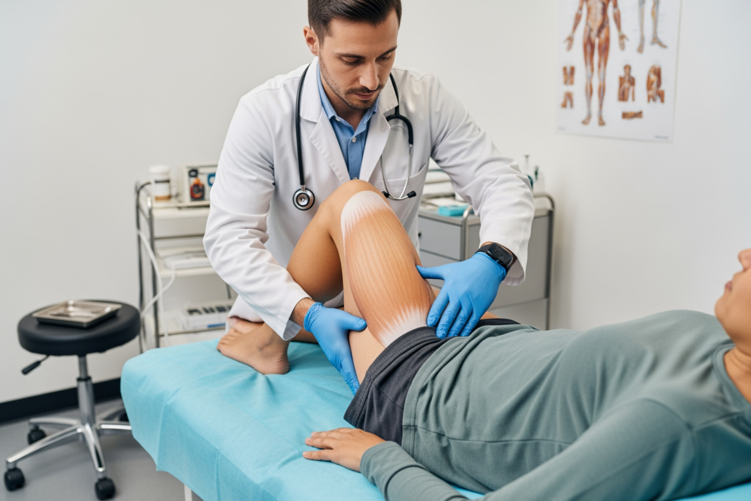 doctor performing a physical examination on a patient's thigh - front thigh muscle pain