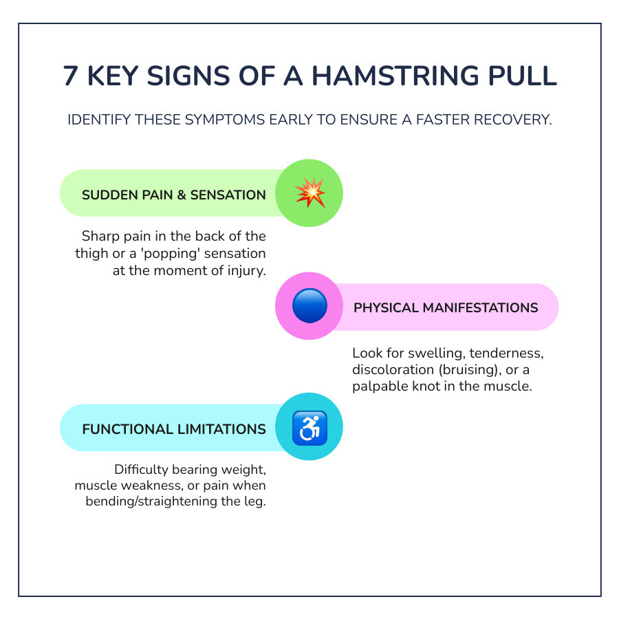 Infographic showing the 7 key signs of a hamstring pull: sudden sharp pain, popping sensation, swelling and tenderness, bruising, muscle weakness, pain with movement, and palpable knots or spasms - signs of hamstring pull infographic infographic-line-3-steps-colors