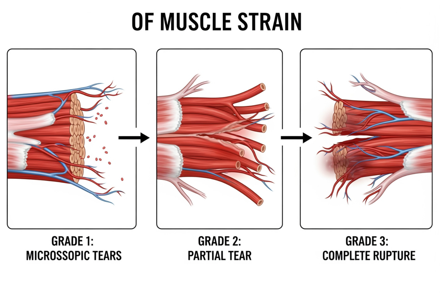 illustration of three grades of muscle strain - treatment for hamstring muscle strain