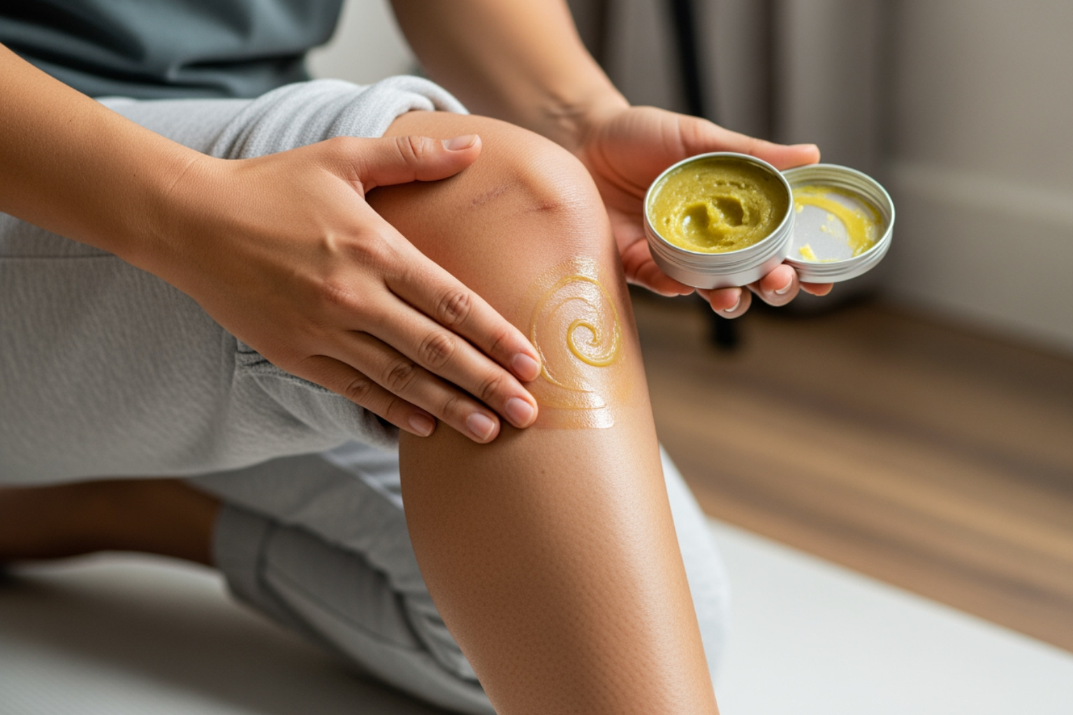 person massaging balm into knee - Natural pain relief balm person massaging balm into knee - Natural pain relief balm