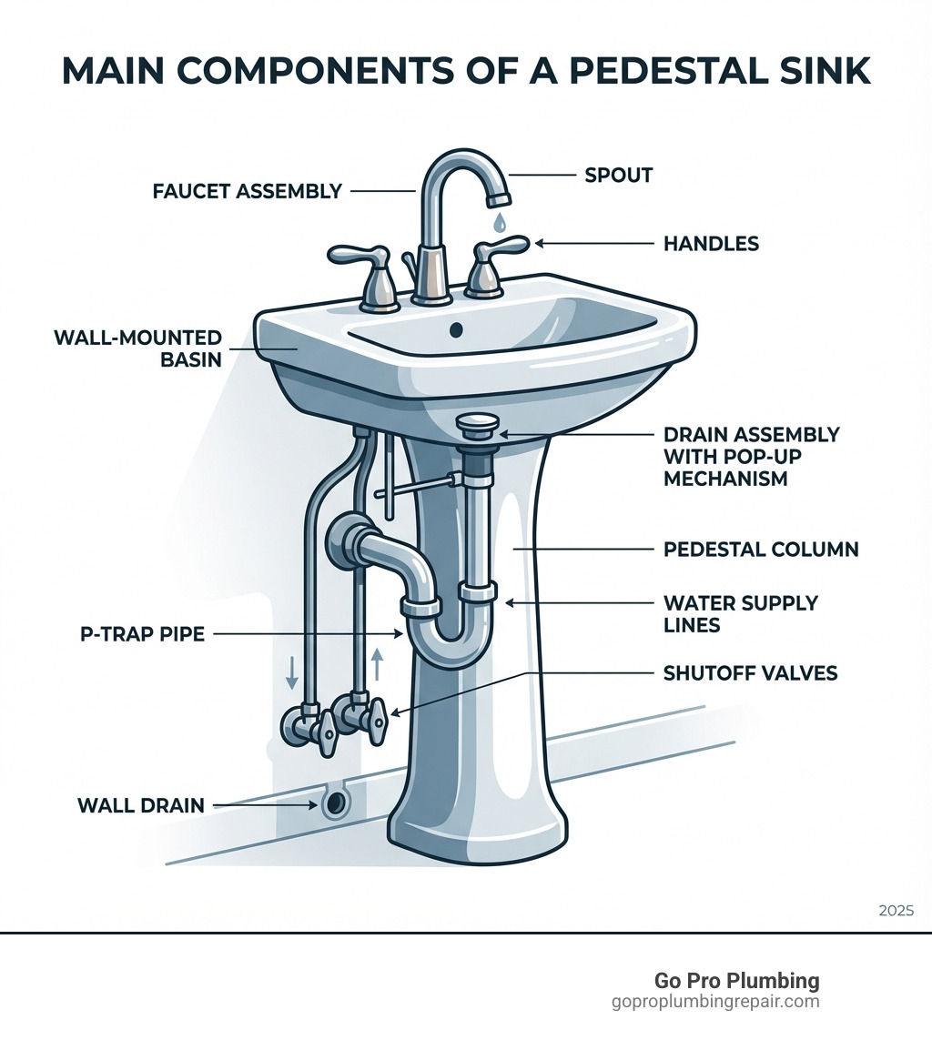 Infographic showing the main components of a pedestal sink: wall-mounted basin at top, pedestal column supporting it, faucet assembly with handles and spout mounted on basin, drain assembly with pop-up mechanism, P-trap pipe underneath connecting to wall drain, and shutoff valves on water supply lines - change faucet on pedestal sink infographic 