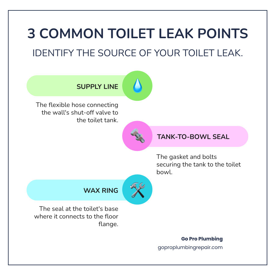 Infographic showing three common toilet leak points: 1) Supply line connection between shut-off valve and tank fill valve with water droplets, 2) Tank-to-bowl seal with gasket between tank base and bowl rim, 3) Wax ring seal at toilet base where it meets the floor flange, with arrows pointing to each leak location - fix a leaking toilet pipe infographic infographic-line-3-steps-colors Infographic showing three common toilet leak points: 1) Supply line connection between shut-off valve and tank fill valve with water droplets, 2) Tank-to-bowl seal with gasket between tank base and bowl rim, 3) Wax ring seal at toilet base where it meets the floor flange, with arrows pointing to each leak location - fix a leaking toilet pipe infographic infographic-line-3-steps-colors