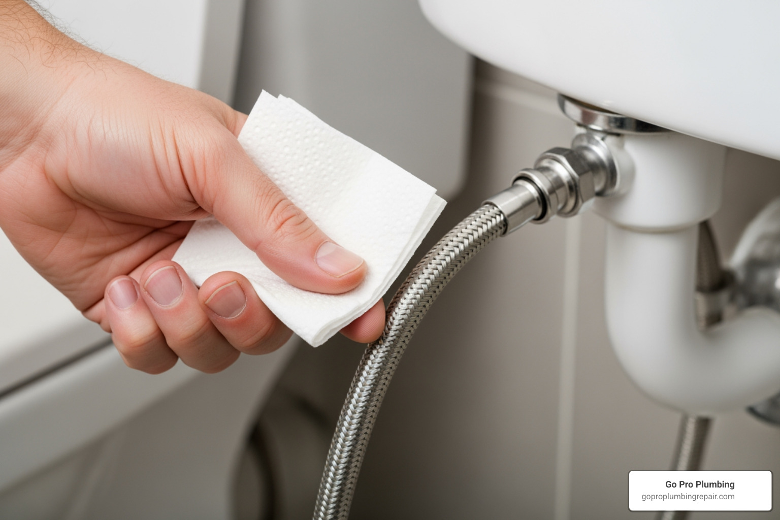 person checking toilet supply line with paper towel - fix a leaking toilet pipe person checking toilet supply line with paper towel - fix a leaking toilet pipe