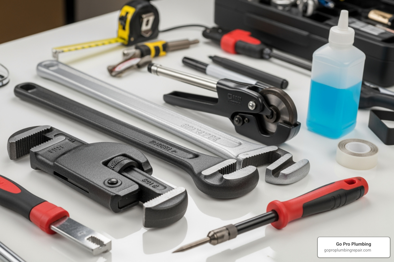 image of essential tools and materials laid out, such as pipe wrenches, tubing cutter, deburring tool, and leak detection fluid. - flexible gas riser installation image of essential tools and materials laid out, such as pipe wrenches, tubing cutter, deburring tool, and leak detection fluid. - flexible gas riser installation
