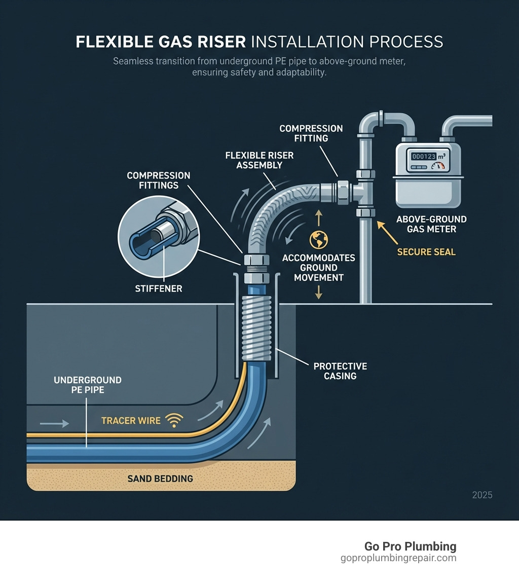 Infographic showing flexible gas riser installation process: underground PE pipe transitioning through a protective casing above ground level, with labeled components including tracer wire running alongside the buried pipe, sand bedding at the trench bottom, the riser assembly with stiffener and compression fittings, and connection to an above-ground gas meter, demonstrating how the system accommodates ground movement while maintaining a secure seal - flexible gas riser installation infographic Infographic showing flexible gas riser installation process: underground PE pipe transitioning through a protective casing above ground level, with labeled components including tracer wire running alongside the buried pipe, sand bedding at the trench bottom, the riser assembly with stiffener and compression fittings, and connection to an above-ground gas meter, demonstrating how the system accommodates ground movement while maintaining a secure seal - flexible gas riser installation infographic