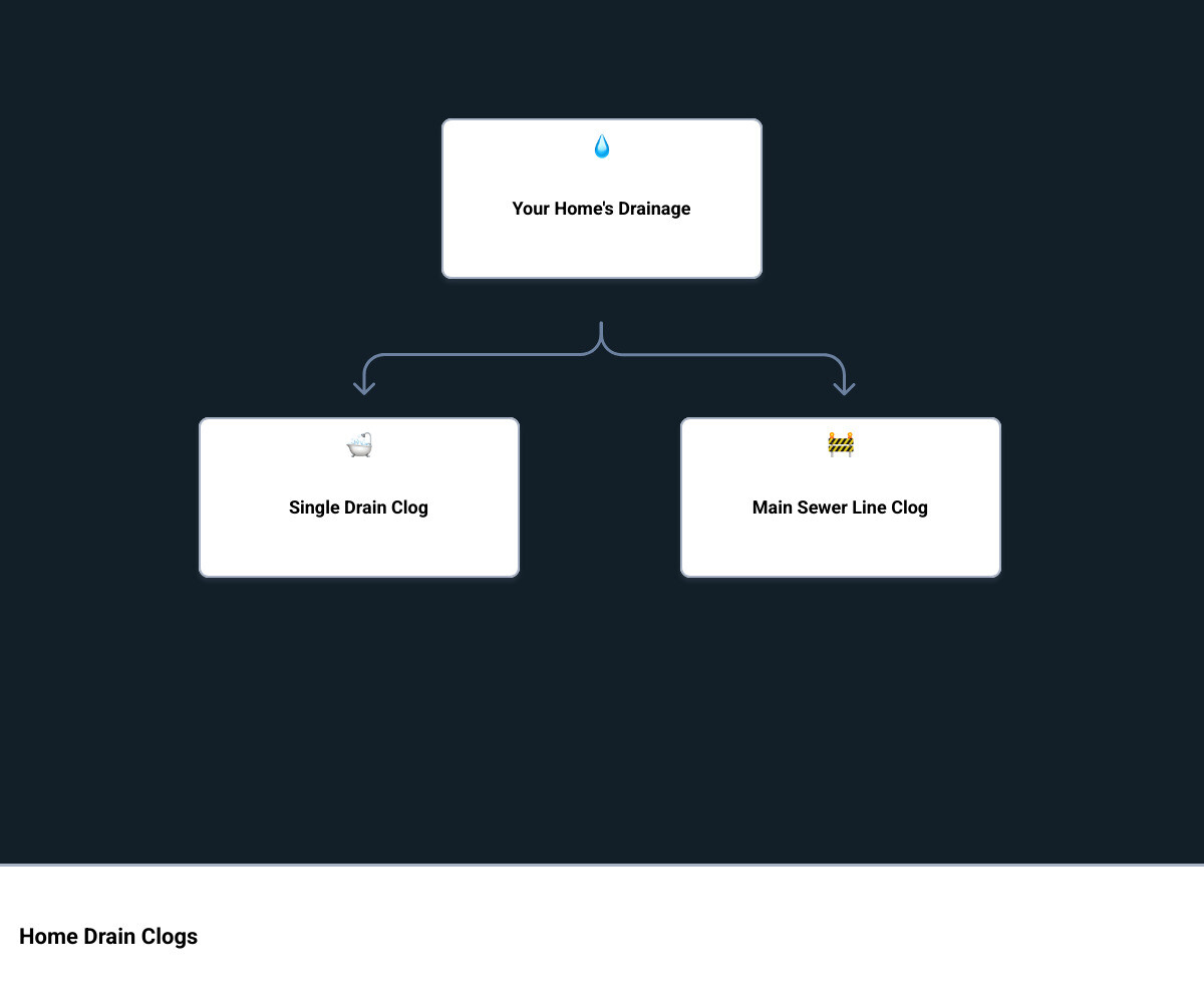 Infographic showing the difference between a single branch drain line affecting one fixture versus the main sewer line that connects all household drains to the municipal sewer system or septic tank, with arrows indicating how a main line blockage causes multiple fixtures to back up simultaneously - Main drain clog infographic hierarchy Infographic showing the difference between a single branch drain line affecting one fixture versus the main sewer line that connects all household drains to the municipal sewer system or septic tank, with arrows indicating how a main line blockage causes multiple fixtures to back up simultaneously - Main drain clog infographic hierarchy