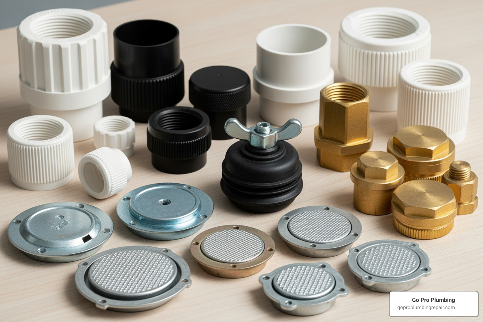 A collage of various plumbing cleanout caps, including white PVC threaded caps, black ABS caps, brass plugs with raised heads, flush-mounted metal cleanout covers, and a flexible expansion plug with a wing nut. - plumbing clean out cap