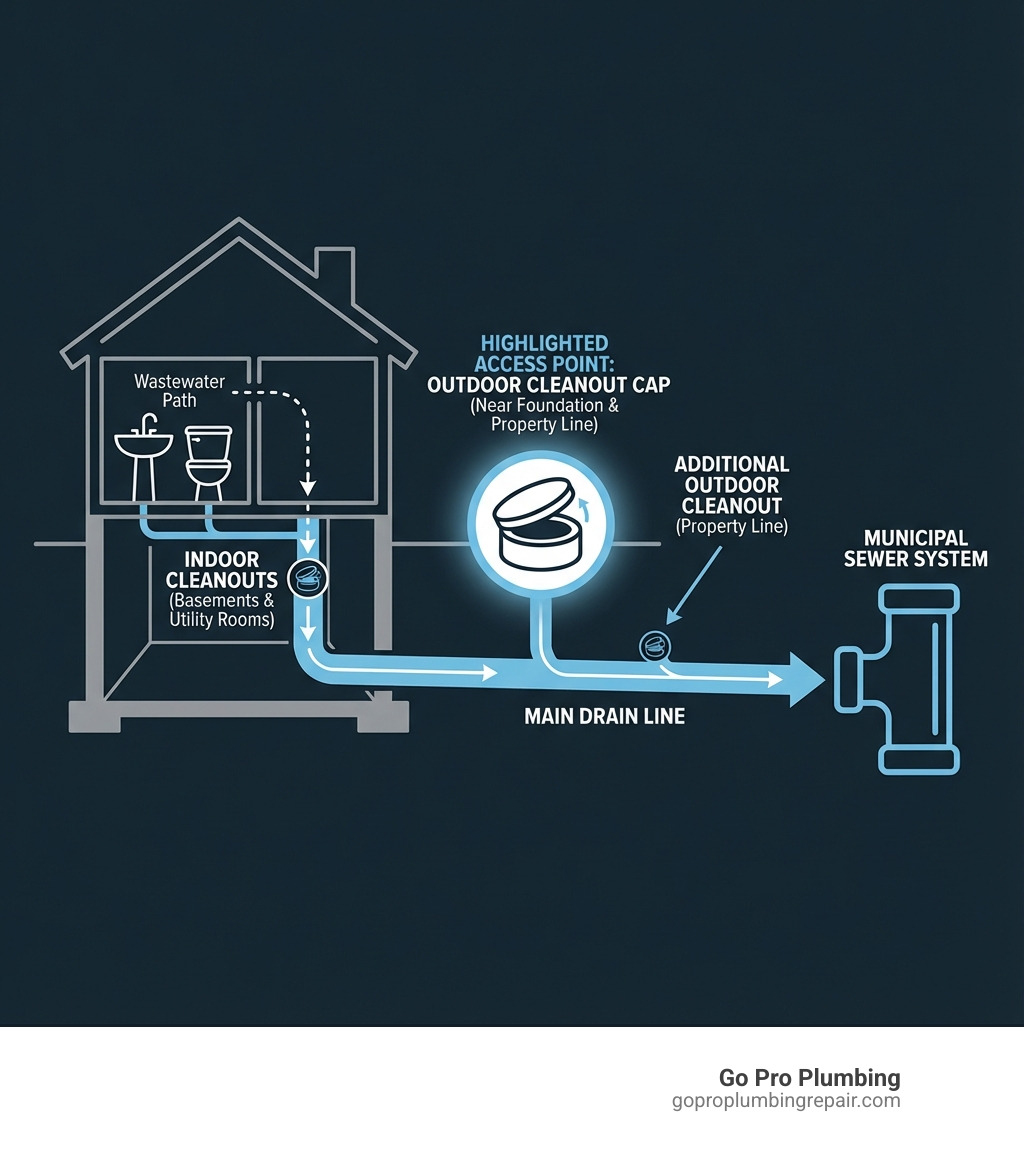 Infographic showing the path of wastewater from a house through the main drain line to the municipal sewer system, with the cleanout cap highlighted as an access point located between the house foundation and the property line, including labels for indoor cleanout locations like basements and utility rooms, and outdoor cleanout locations near the property line - plumbing clean out cap infographic 
