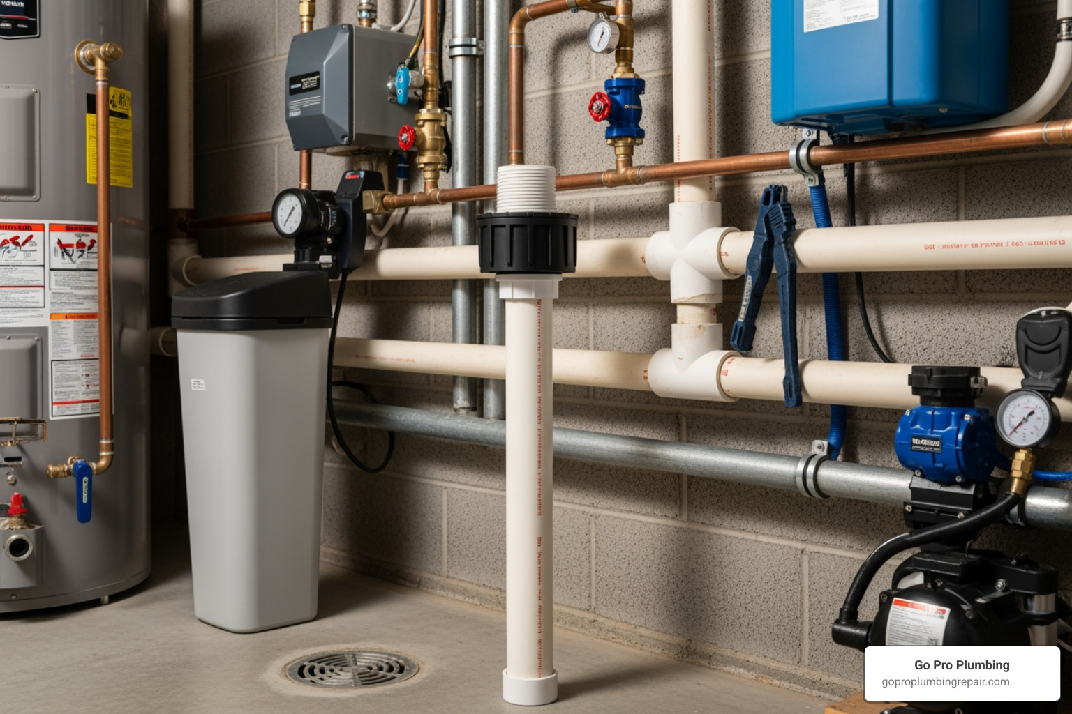 An indoor cleanout pipe with a cap visible in a well-lit basement or utility room, surrounded by other plumbing pipes and equipment. - plumbing clean out cap