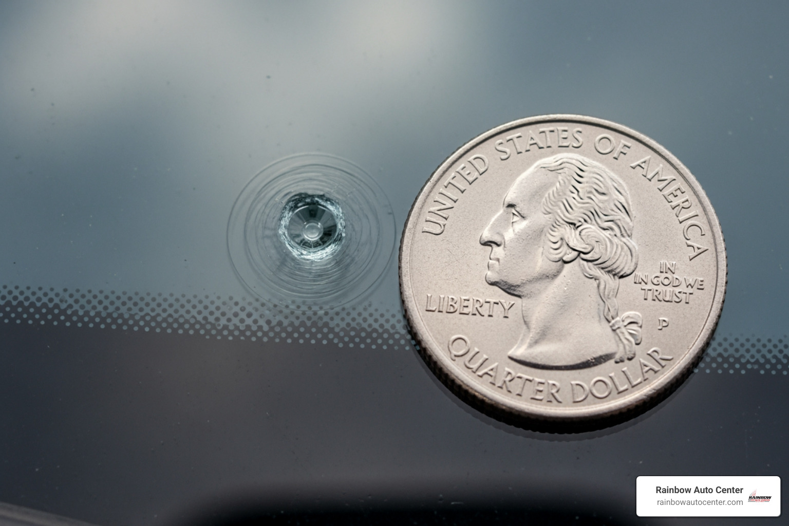 quarter next to a repairable bullseye chip - quick fix windshield repair