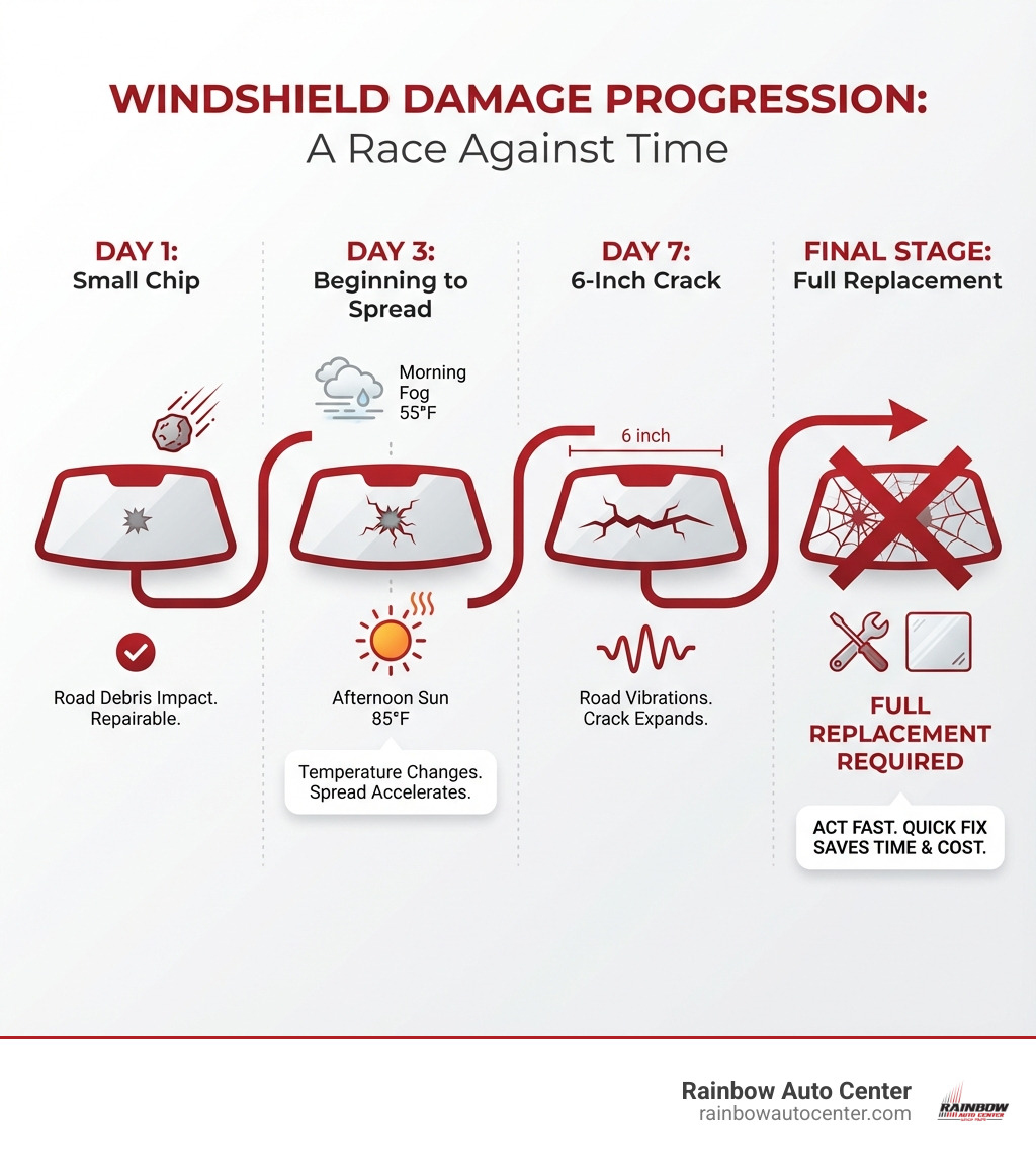 infographic showing the progression of windshield damage: day 1 shows a small chip from road debris, day 3 shows the chip beginning to spread with temperature changes labeled as morning fog 55 degrees and afternoon sun 85 degrees, day 7 shows a 6 inch crack spreading across the windshield with road vibrations noted, final stage shows windshield requiring full replacement - quick fix windshield repair infographic 