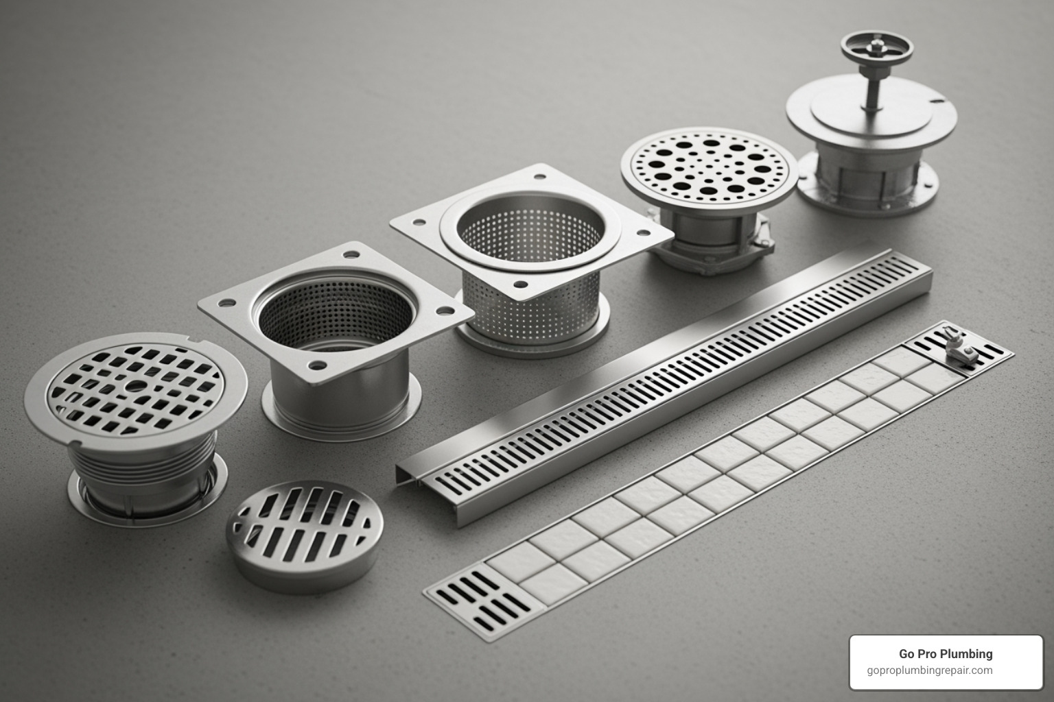 different types of basement drains side-by-side - basement floor drain