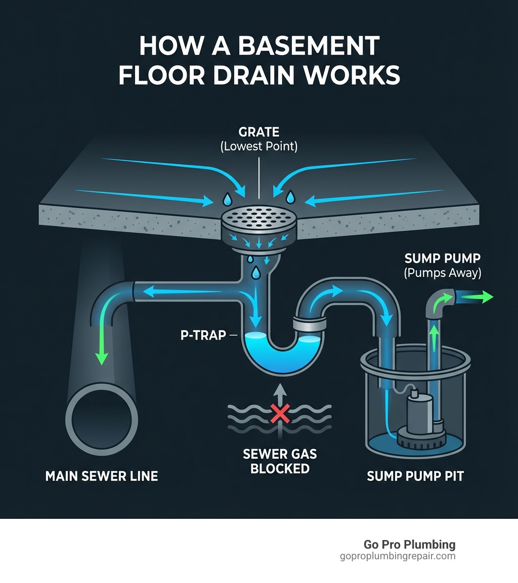 Infographic showing how a basement floor drain works: water flows to the lowest point of the basement floor, enters through a grate, passes through a P-trap that blocks sewer gases, and exits either to the main sewer line or a sump pump pit that pumps water away from the foundation - basement floor drain infographic 
