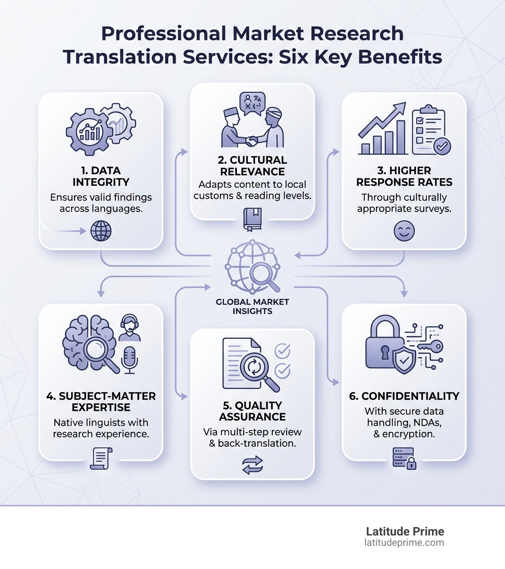 Infographic showing the six key benefits of professional market research translation services: Data Integrity ensures valid findings across languages; Cultural Relevance adapts content to local customs and reading levels; Higher Response Rates through culturally appropriate surveys; Subject-Matter Expertise from native linguists with research experience; Quality Assurance via multi-step review and back-translation; and Confidentiality with secure data handling, NDAs, and encryption - market research translation services infographic 