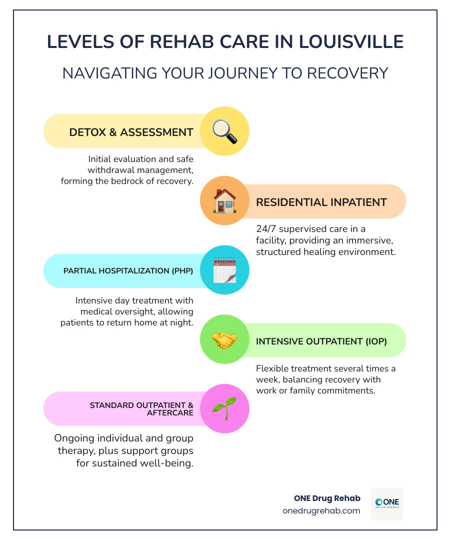 Infographic showing levels of rehab care in Louisville KY: Detox and assessment at bottom, followed by residential/inpatient treatment, then partial hospitalization programs, intensive outpatient programs, standard outpatient care, and aftercare/support groups at top, with arrows indicating progression through treatment - rehab centers in louisville ky infographic infographic-line-5-steps-colors