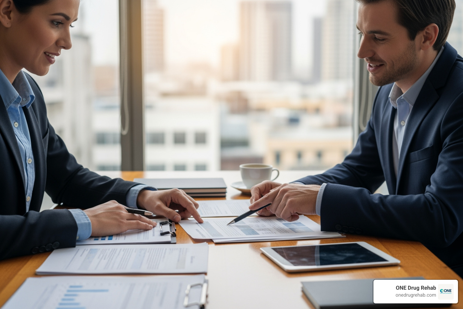 Person reviewing financial paperwork with a counselor - free rehab centers in louisville ky Person reviewing financial paperwork with a counselor - free rehab centers in louisville ky