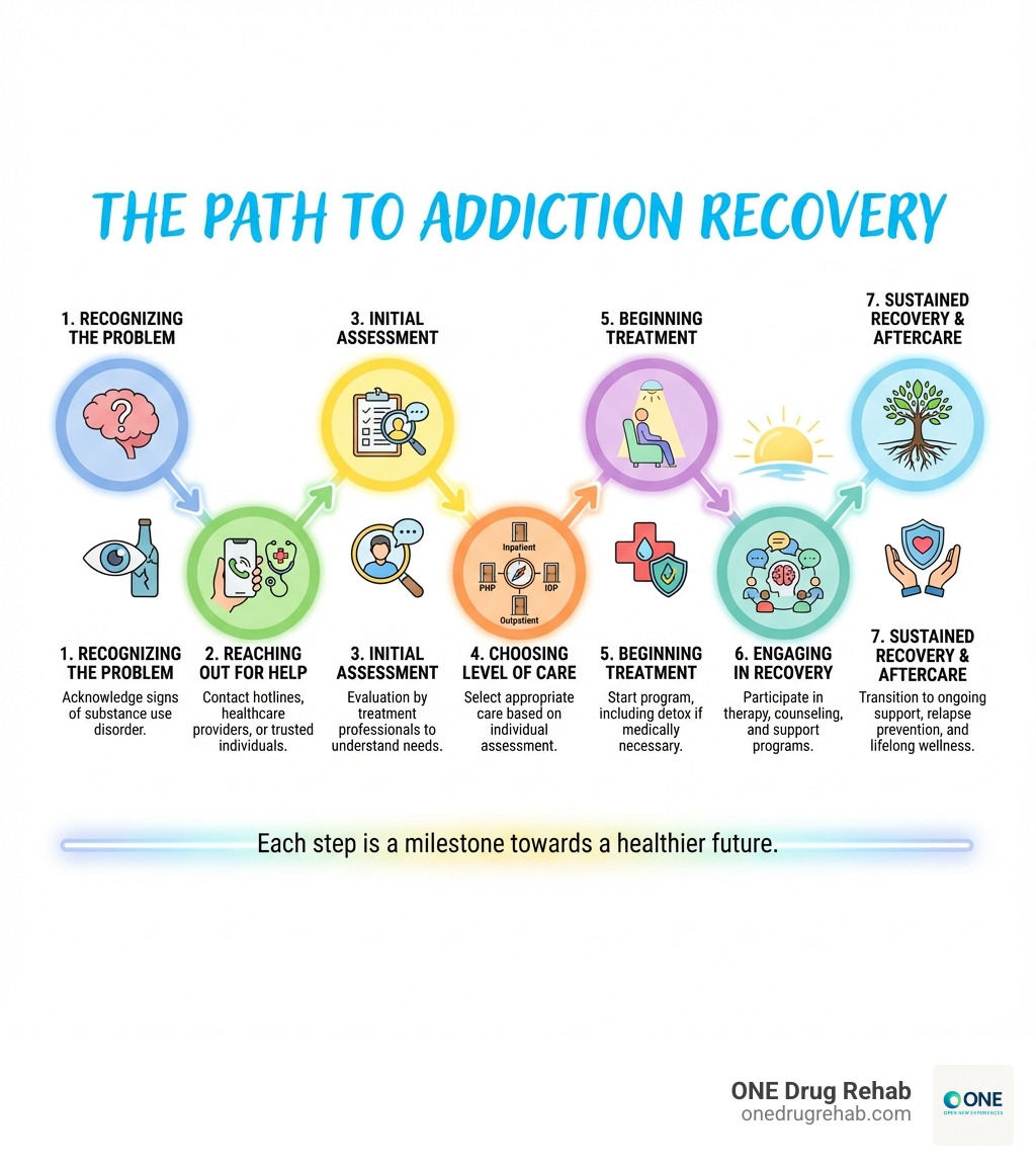 Infographic showing the path from recognizing addiction to seeking treatment: 1) Recognizing the problem and signs of substance use disorder, 2) Reaching out for help through hotlines or healthcare providers, 3) Initial assessment and evaluation by treatment professionals, 4) Choosing the appropriate level of care based on individual needs, 5) Beginning treatment with detox if needed, 6) Engaging in therapy and recovery programs, 7) Transitioning to aftercare and ongoing support for sustained recovery - Addiction treatment programs infographic 
