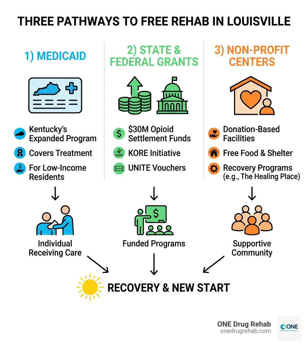 Infographic showing three main pathways to free rehab in Louisville: 1) Medicaid - covers treatment for low-income residents through Kentucky's expanded program, 2) State & Federal Grants - including Louisville's $30 million opioid settlement funds, KORE initiative, and UNITE vouchers, and 3) Non-Profit Centers - donation-based facilities like The Healing Place providing free food, shelter, and recovery programs - free rehab centers in louisville ky infographic Infographic showing three main pathways to free rehab in Louisville: 1) Medicaid - covers treatment for low-income residents through Kentucky's expanded program, 2) State & Federal Grants - including Louisville's $30 million opioid settlement funds, KORE initiative, and UNITE vouchers, and 3) Non-Profit Centers - donation-based facilities like The Healing Place providing free food, shelter, and recovery programs - free rehab centers in louisville ky infographic
