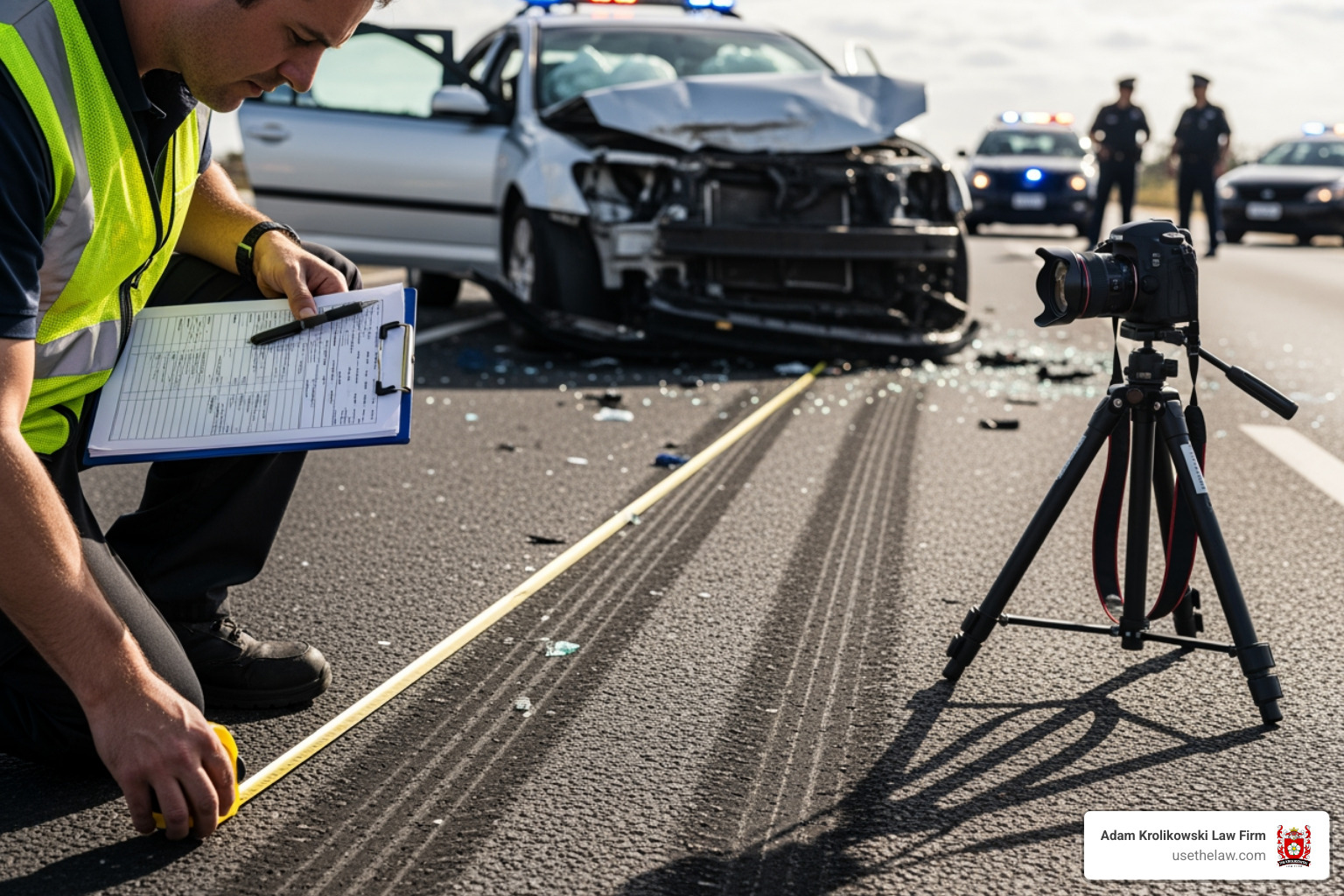 Accident reconstructionist measuring skid marks at a crash scene - santa ana rollover car accident lawyer Accident reconstructionist measuring skid marks at a crash scene - santa ana rollover car accident lawyer