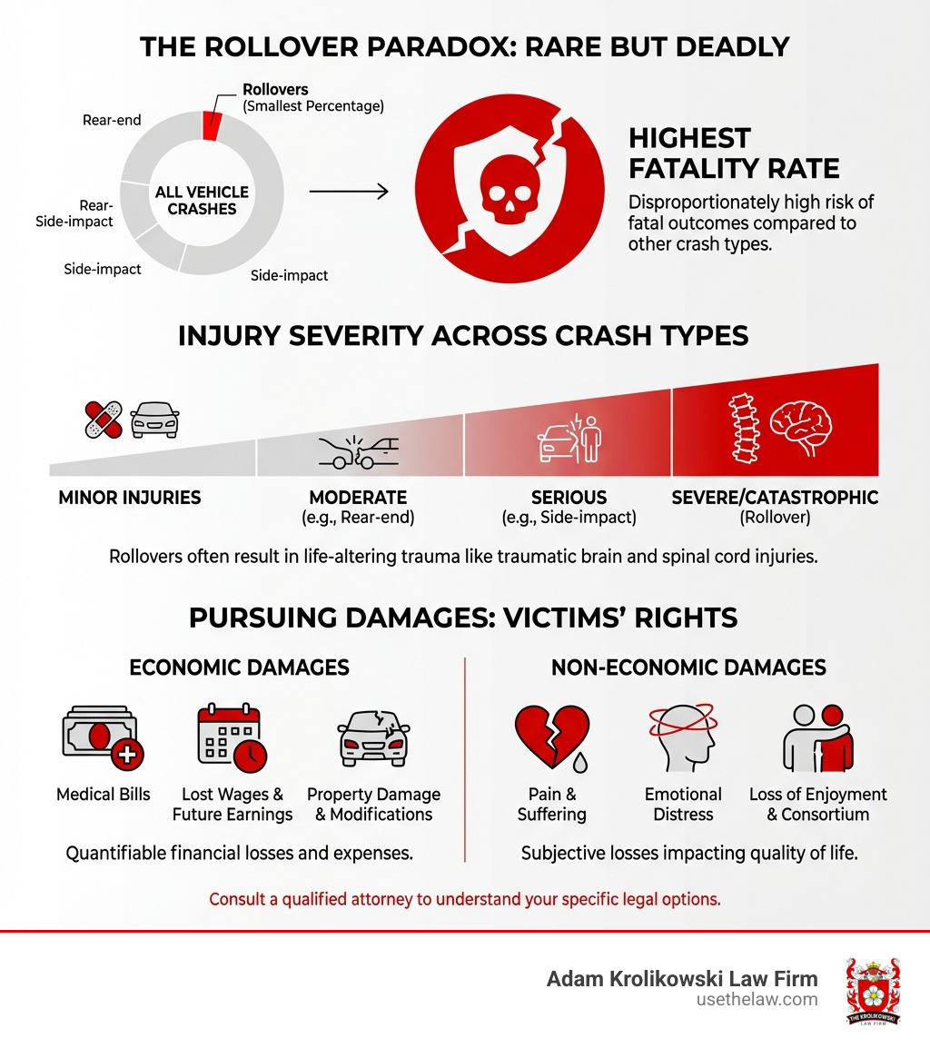 Infographic showing that rollover accidents account for the smallest percentage of all vehicle crashes but result in the highest fatality rate, with data comparing injury severity across crash types including economic and non-economic damages victims can pursue - santa ana rollover car accident lawyer infographic Infographic showing that rollover accidents account for the smallest percentage of all vehicle crashes but result in the highest fatality rate, with data comparing injury severity across crash types including economic and non-economic damages victims can pursue - santa ana rollover car accident lawyer infographic