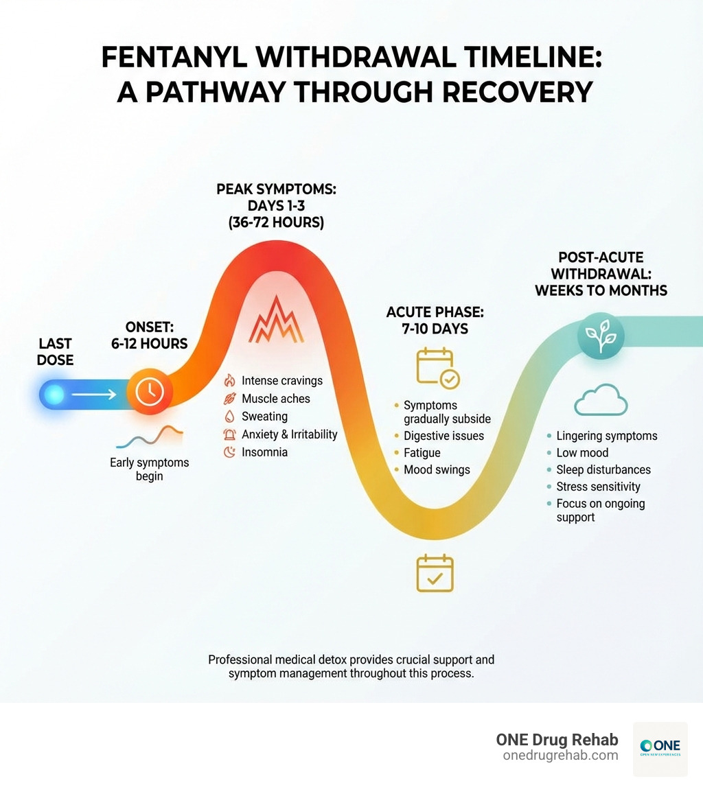 Infographic showing the fentanyl withdrawal timeline: onset at 6-12 hours after last dose, peak symptoms at days 1-3 (36-72 hours), acute phase lasting 7-10 days, and post-acute withdrawal symptoms that may persist for weeks to months - Fentanyl detox programs infographic Infographic showing the fentanyl withdrawal timeline: onset at 6-12 hours after last dose, peak symptoms at days 1-3 (36-72 hours), acute phase lasting 7-10 days, and post-acute withdrawal symptoms that may persist for weeks to months - Fentanyl detox programs infographic