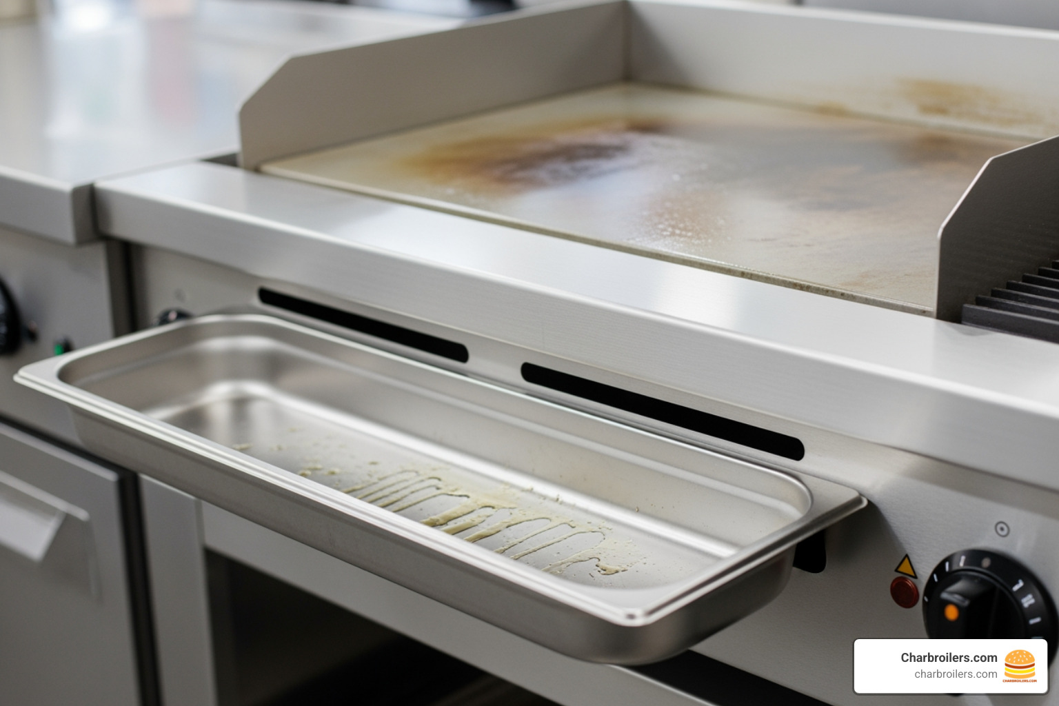 A close-up image showing a commercial griddle with a wide, front-mounted grease trough and a removable drip tray underneath - griddles