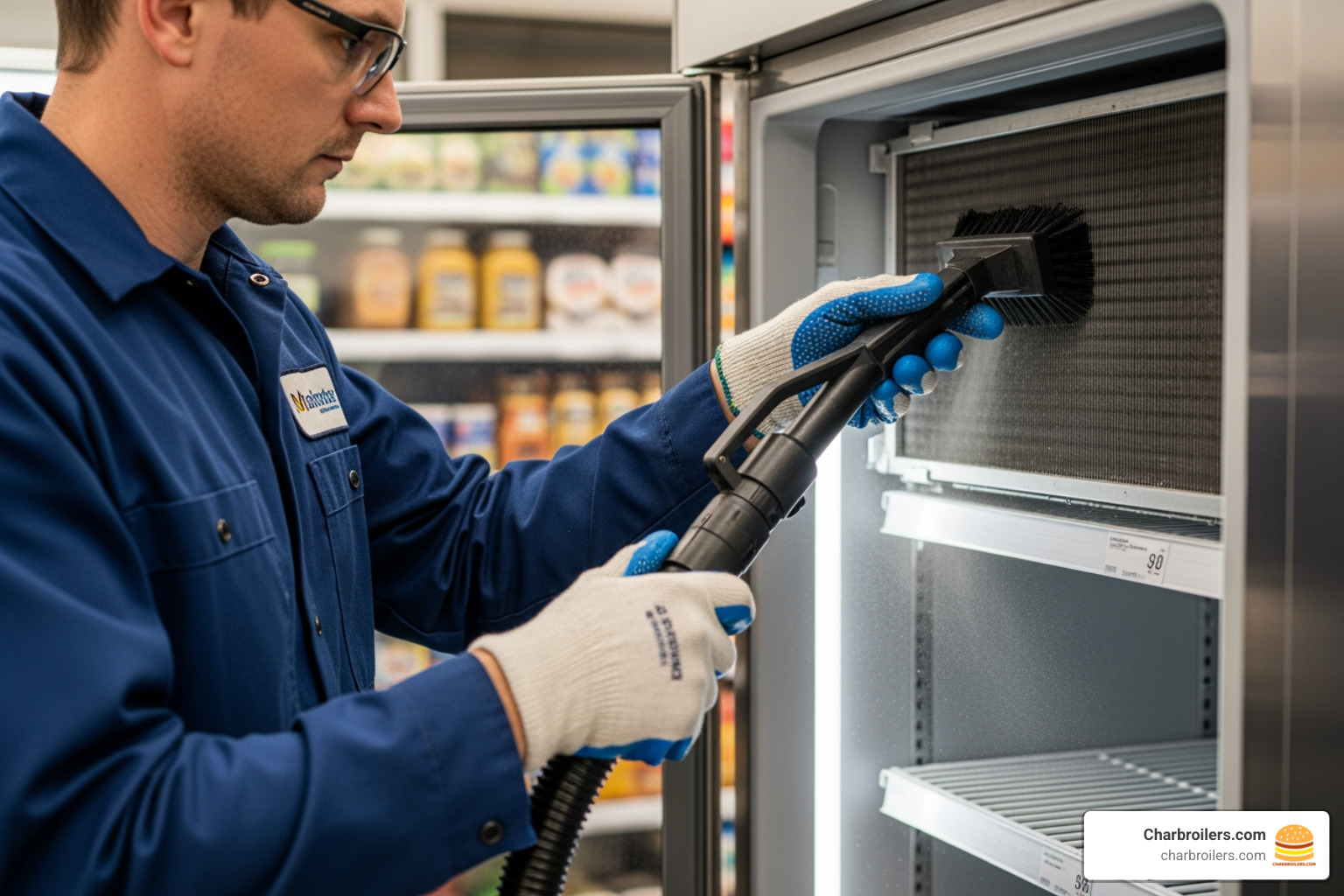 technician cleaning condenser coil - upright display fridge