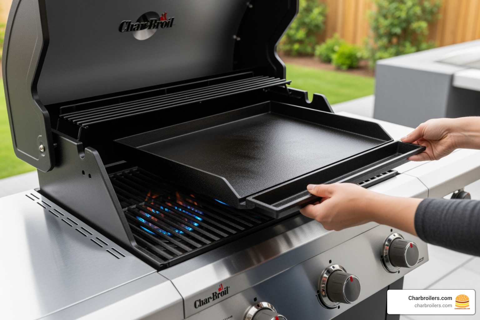 Griddle top accessory being placed over the burners, ready for cooking - charbroil commercial 2 burner Griddle top accessory being placed over the burners, ready for cooking - charbroil commercial 2 burner