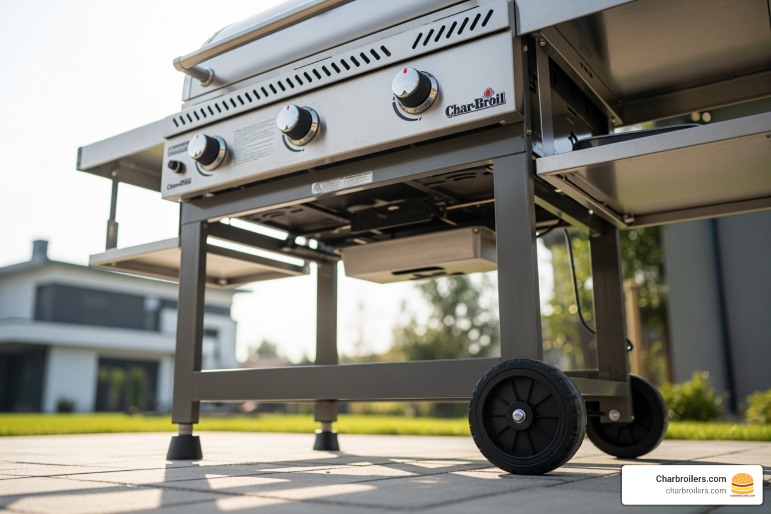 Stainless steel lid and side shelves, with a focus on the locking casters on the Char-Broil Commercial Series 2 Burner Gas Grill & Griddle - charbroil commercial 2 burner Stainless steel lid and side shelves, with a focus on the locking casters on the Char-Broil Commercial Series 2 Burner Gas Grill & Griddle - charbroil commercial 2 burner