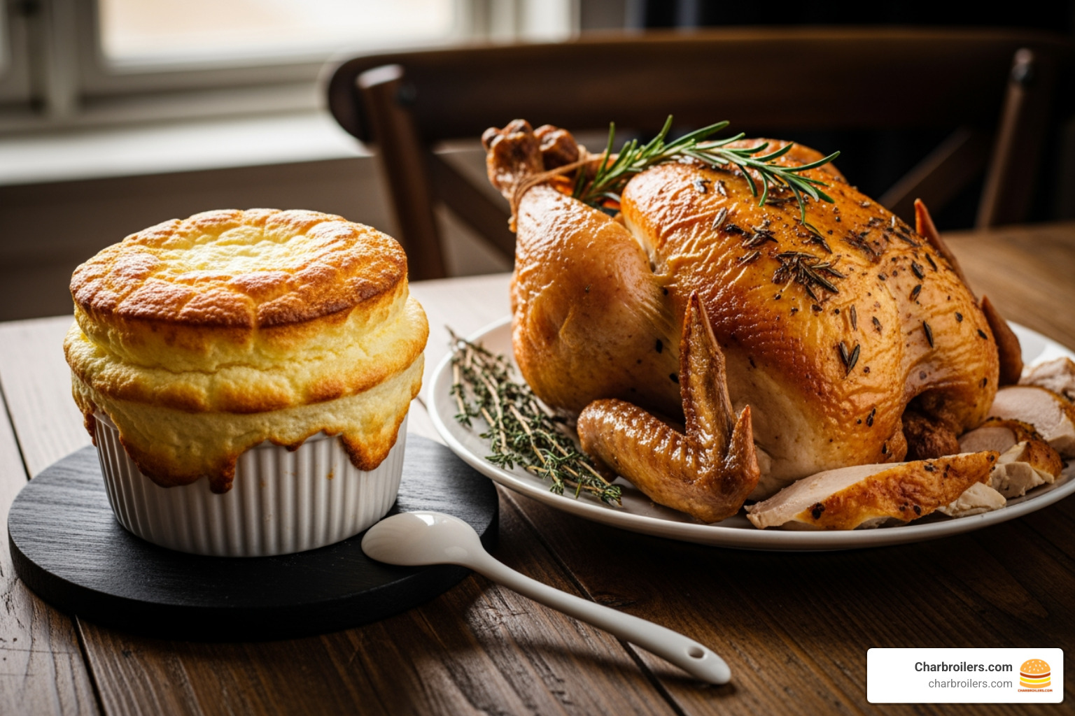 delicate, perfectly risen souffle next to a crispy, golden-brown roasted chicken - conventional ovens