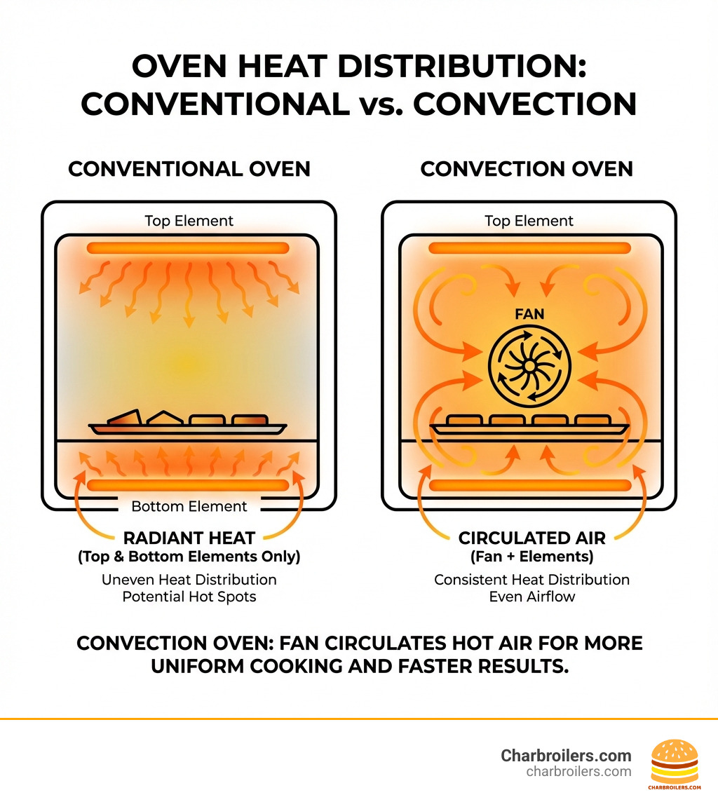 infographic showing conventional oven with heat radiating from top and bottom elements versus convection oven with fan circulating air evenly throughout the cavity - conventional ovens infographic 