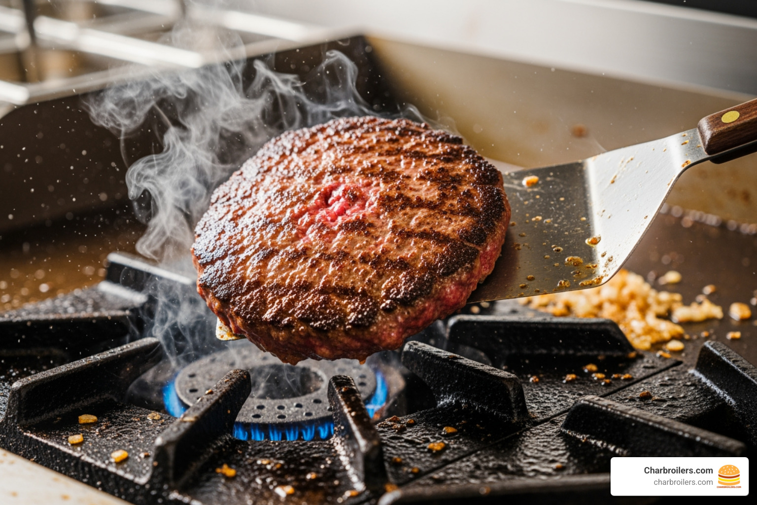 perfectly seared burger patty being flipped on a gas griddle - commercial gas griddles for sale perfectly seared burger patty being flipped on a gas griddle - commercial gas griddles for sale