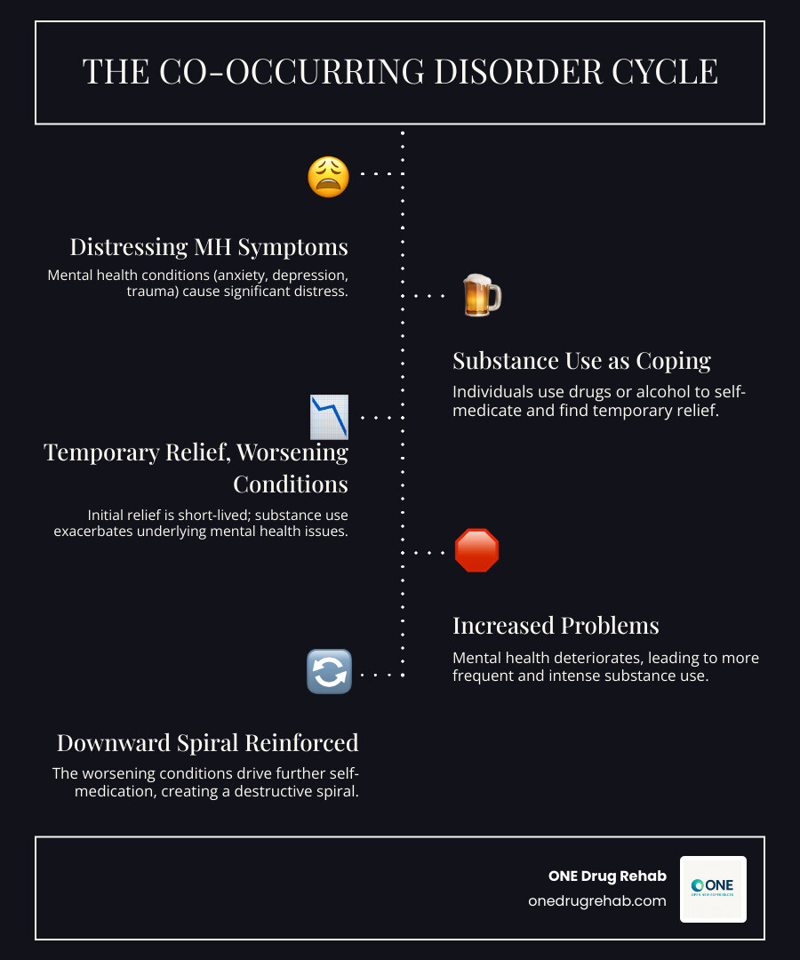 Infographic showing the cycle of co-occurring disorders: Mental health symptoms lead to substance use as self-medication, which temporarily relieves symptoms but worsens the underlying condition, leading to increased mental health problems and continued substance use, creating a downward spiral. Integrated treatment breaks this cycle by addressing both conditions simultaneously with coordinated care from a single team. - integrated treatment programs infographic infographic-line-5-steps-dark Infographic showing the cycle of co-occurring disorders: Mental health symptoms lead to substance use as self-medication, which temporarily relieves symptoms but worsens the underlying condition, leading to increased mental health problems and continued substance use, creating a downward spiral. Integrated treatment breaks this cycle by addressing both conditions simultaneously with coordinated care from a single team. - integrated treatment programs infographic infographic-line-5-steps-dark