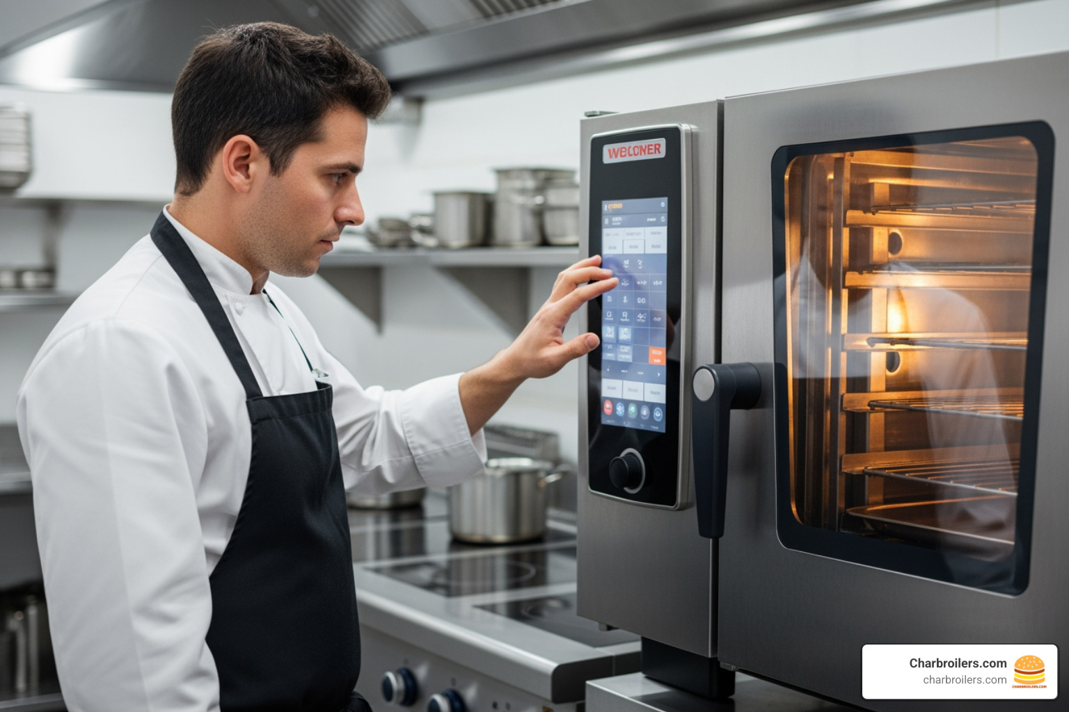 chef programming a digital control panel on a convection oven - commercial conventional oven chef programming a digital control panel on a convection oven - commercial conventional oven