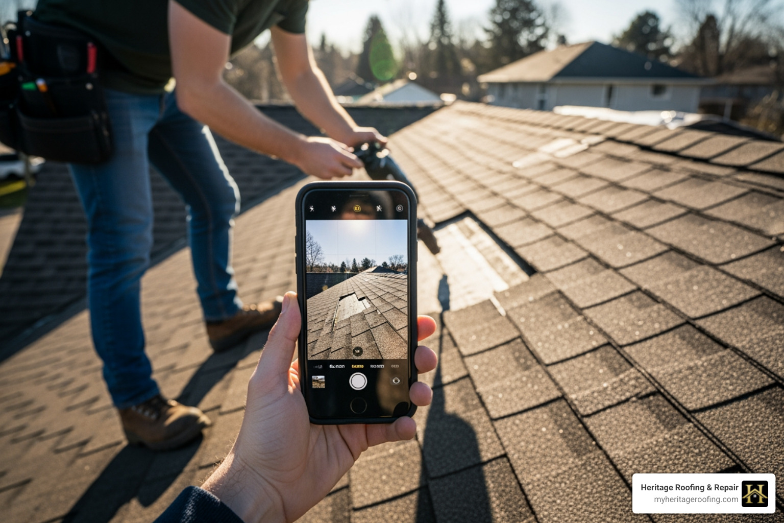 homeowner taking photos of a damaged roof with a smartphone - home storm repair company