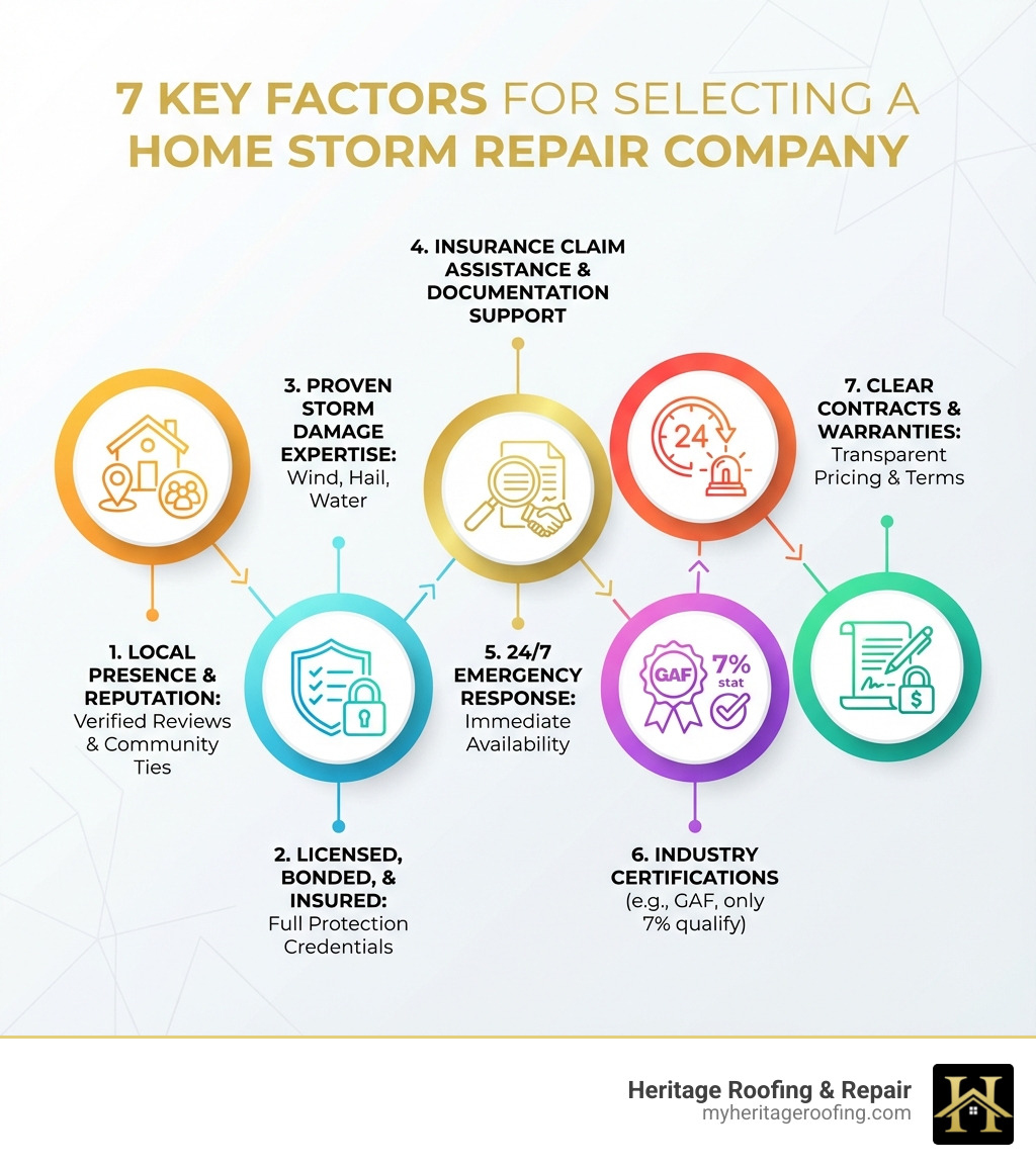 Infographic showing the 7 key factors when selecting a home storm repair company: 1. Local presence with verified reviews and community ties, 2. Licensed, bonded, and insured credentials, 3. Proven storm damage expertise (wind, hail, water), 4. Insurance claim assistance and documentation support, 5. 24/7 emergency response availability, 6. Industry certifications like GAF (only 7% of roofers qualify), 7. Clear contracts with strong warranties and transparent pricing - home storm repair company infographic 